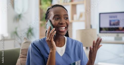 Nurse, phone call or smartphone on sofa in nursing home, conversation or happy for networking in living room. Black woman, caregiver and cellphone for healthcare discussion, medical and wellness chat photo