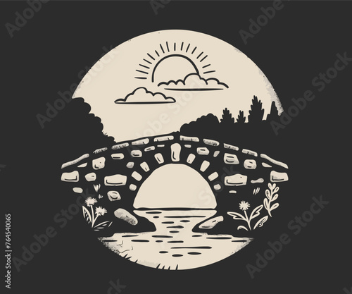 stone bridge with river logo design template