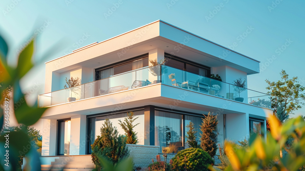 white house with a balcony, A beautiful Affordable Modern House High detailed,high resolution,realistic and high quality photo professional photography.