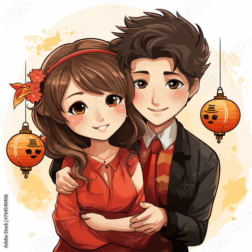 Chinese couple hand-drawn comic illustration. Chinese couple. Vector doodle style cartoon illustration