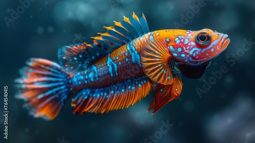  a vibrant blue and orange fish adorned with distinctive spots, set against a well-focused background
