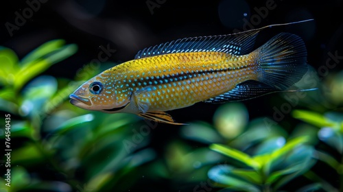  A close-up of a fish in a water tank with plants in front and a black backdrop