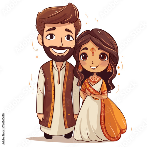 Indian couple hand-drawn comic illustration. Indian couple. Vector doodle style cartoon illustration