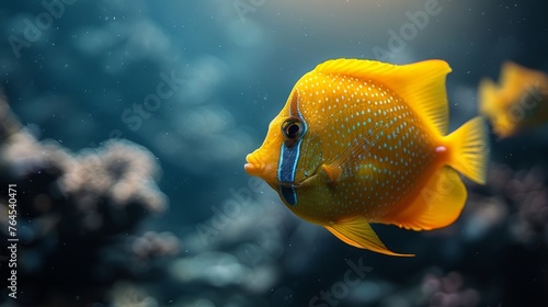  A yellow fish in focus, adorned with a blue and black line © Mikus