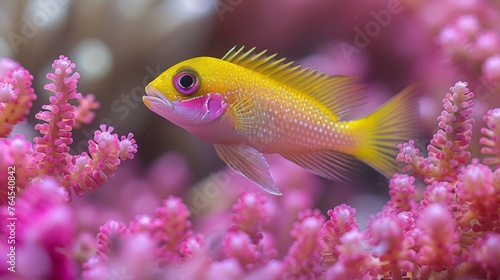  Close up of yellow fish on pink seaweed in blurred water background