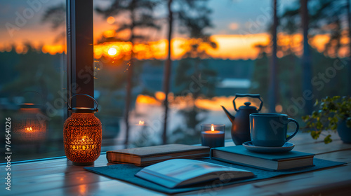The sky is gloomy, after the rain, inside the cabin, desk in front of the window, candlelight, books, coffee cup