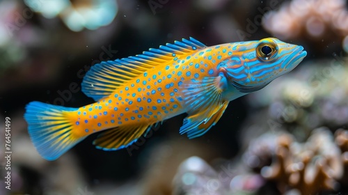  A vivid image captures a detailed close-up of a dazzling blue and yellow fish swimming gracefully against a backdrop of vibrant corals and bustling marine life