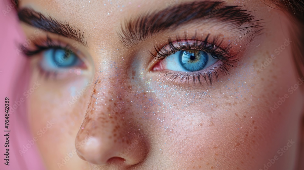 Fototapeta premium A zoomed-in portrait of a woman with blue eyes, freckles, and a pink backdrop