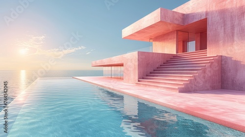  A 3D image of a swimming pool with steps and sunset in the backdrop © Mikus