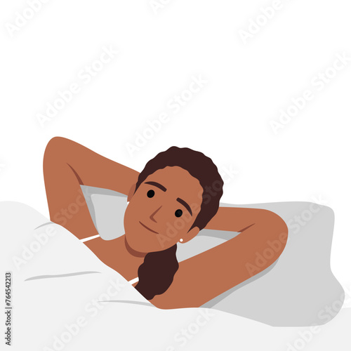 Young woman lying in bed sleeping. Smiling girl relax in bedroom dreaming or napping. Relaxation and comfort. Flat vector illustration isolated on white background