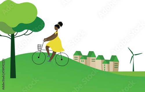 Eco-vector of a black girl on a bicycle on a summer background. A black girl in a yellow dress enjoys cycling on a summer background. The eco-village is green. Ecology. Environmental graphics. Vector 