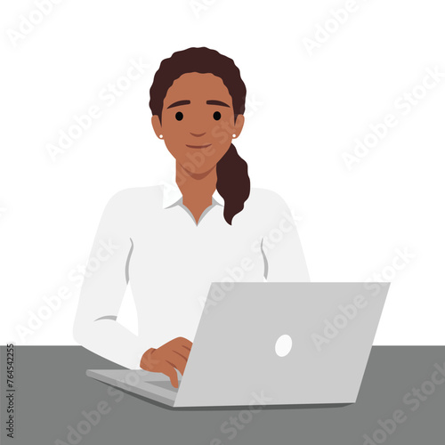 Young woman is sitting at desktop. Office employee at the workplace. Work at the laptop. Flat vector illustration isolated on white background