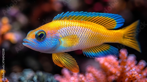  A close-up of a blue and yellow fish on a coral amidst various corals in the backdrop