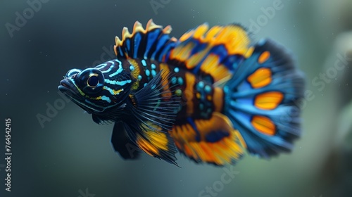  A photo zooms in on the body of a vibrant blue and yellow fish, displaying a distinct black and yellow stripe running down its back
