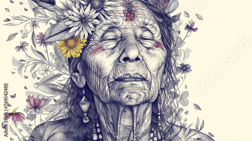 Portrait of shaman old woman, with yellow flowers in her hair, drawing in black and white photo