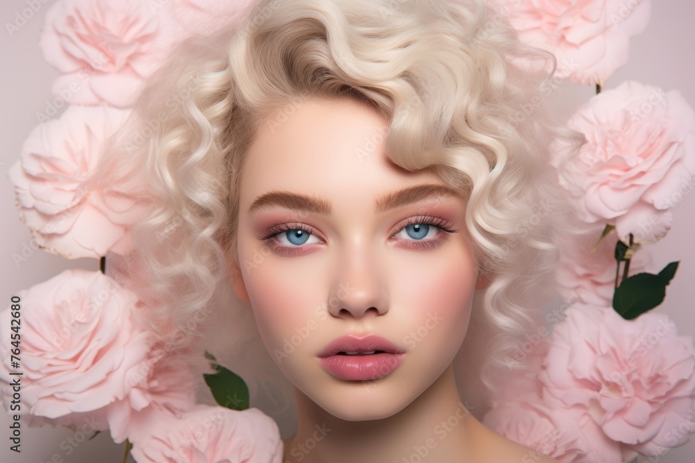 Fototapeta premium Coquette aesthetic-inspired makeup looks, with soft pastel hues, fluttery lashes, and rosy cheeks, accentuating the feminine allure of the aesthetic.