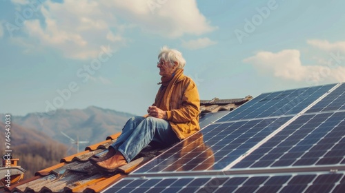 Senior woman sitting on rooftop with solar panels, sustainable energy.