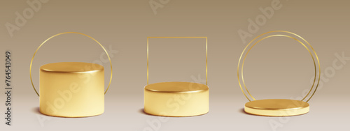 3d gold podium with frame. Premium award or product stage. Elegant round platform with light shine for glamour ceremony or luxury presentation. Empty minimal realistic studio mockup layout template