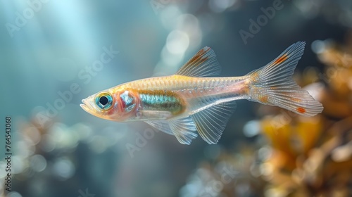  A detailed image of a fish in an aquarium with a plant in the foreground and clear water in the background, providing a vivid and visually appealing display