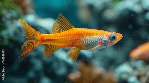  A close-up photo of a goldfish in an aquarium with other fish swimming and rocks in the backdrop
