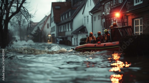 Flood rescue team on boat, submerged urban area, emergency response, natural disaster relief.