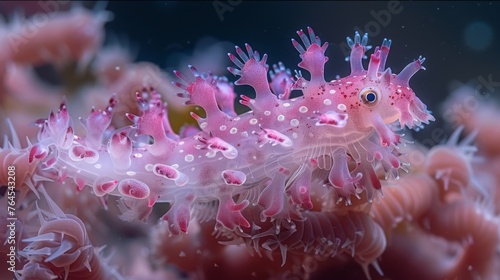  A pink sea anemone close-up, bubbles on body against black backdrop