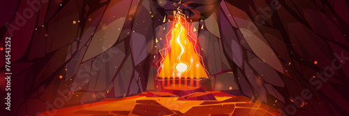 Fantasy rpg game volcano cave portal background. Magic door entrance to alien world. Lava and stone epic ancient underground landscape vector. Burning magma river in tunnel with gate after eruption