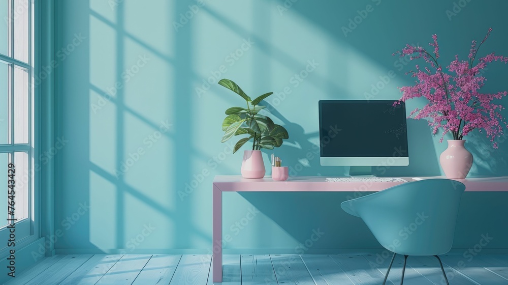 Fototapeta premium Tranquil 3D minimalist workspace, soothing colors
