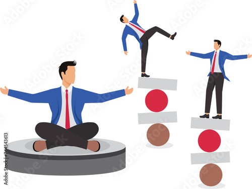 Volatility versus stability, risk and uncertainty, one group of businessmen sitting cross legged on a stable cube, another group of businessmen on a sphere unable to maintain balance