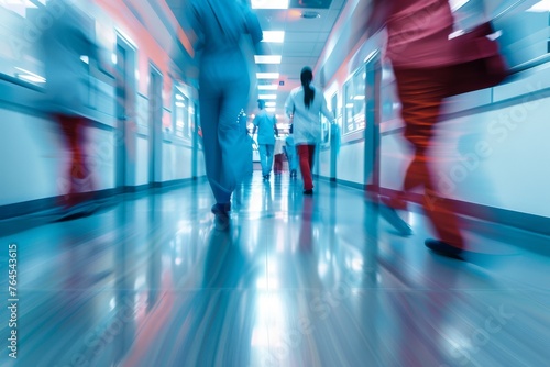 Motion blur of medical workers in hospital corridor, abstract background. Concept of first aid, emergency
