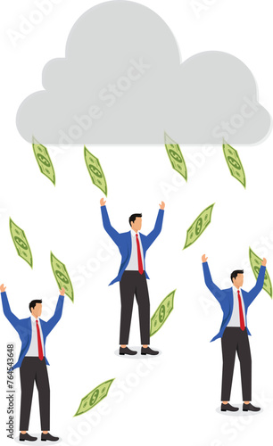 Money rains, financial freedom is achieved, money is made, lucrative income, salary or profit is earned, wealth is accumulated, happy businessmen are surrounded by encircling banknotes