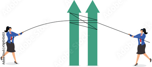 Economic contraction, economic deflation, currency devaluation, financial crisis, economic problems, two businesswomen pulling the rope that binds the arrows to tighten the arrows