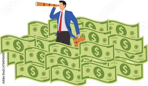 Business and financial investment forecasting, marketing observation and analysis, searching for business opportunities, businessmen with binoculars in the sea of money