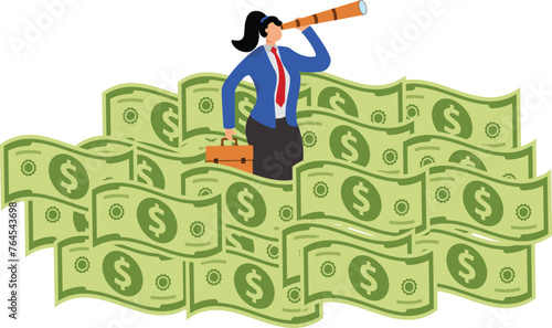 Business and financial investment forecasting, marketing observation and analysis, searching for business opportunities, businesswomen with binoculars in the sea of money