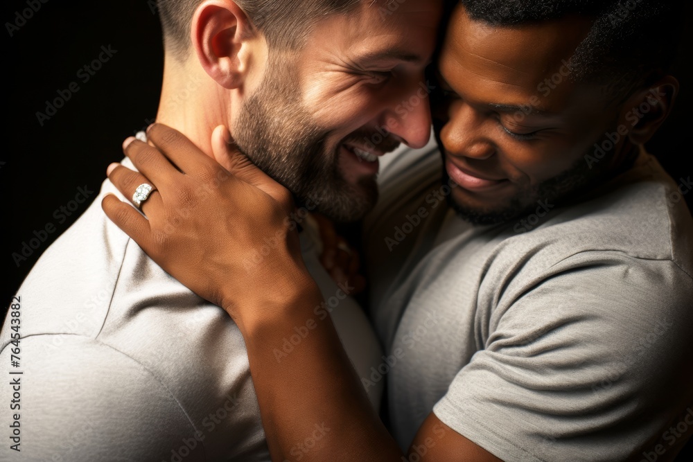 Close-up image of a gay couple's heartfelt proposal, with one partner holding an engagement ring and the other partner embracing them tightly, their love evident in their expressions.
Close-up image of a gay couple's heartfelt proposal, with one partner holding an engagement ring and the other partner embracing them tightly, their love evident in their expressions.