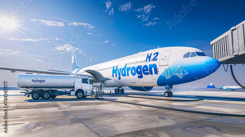 Jet aircraft powered by hydrogen, refueling at an airport. Sustainable aviation, fossil free fuel, H2 concept of future aviation. Bright light, blue sky. Refueling truck