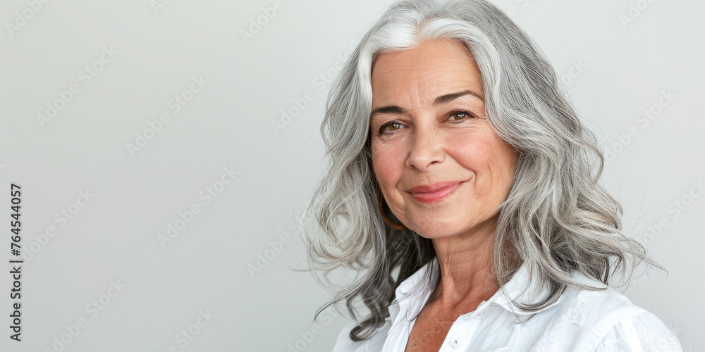 Fototapeta premium beautiful smiling elderly woman with gray hair on white background, lady, grandmother, old age, wrinkles, person, portrait, face, wrinkles, studio photo, skin care