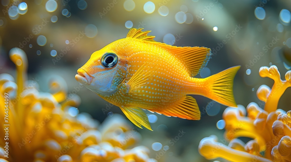 A macro of a fish amidst coral, surrounded by air bubbles and a cerulean backdrop A macro of a fish amidst coral, surrounded by air bubbles and a cerulean backdrop