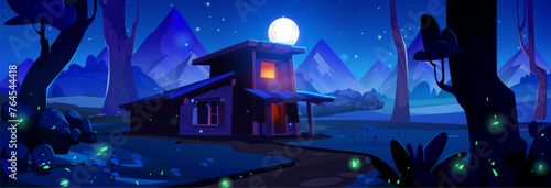 House in night forest with mountain and firefly game background. Dark Halloween wild woods park landscape and magic cabin. Spooky and mystic small cottage exterior with window above starry sky.