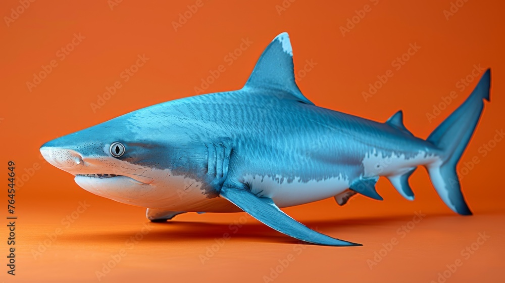  An image of a toy shark on an orange background with two orange walls behind it