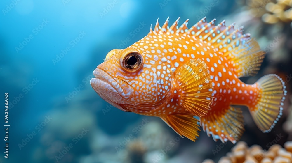 A photo of a close-up, yellow/white fish near coral amidst blue water & corals A photo of a close-up, yellow/white fish near coral amidst blue water & corals