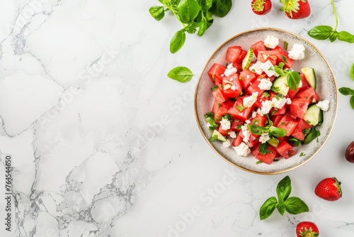 Watermelon salad with feta cheese. Above view table scene on a white marble background.