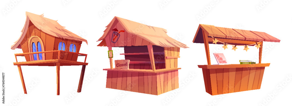 Beach buildings - vacation house, tiki bar and shack with excursion offer. Cartoon vector illustration set of wooden huts with straw roof for sea or ocean shore landscape design for summer concept. - obrazy, fototapety, plakaty 