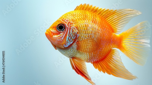  Goldfish in close-up with orange and white stripes against blue background © Mikus