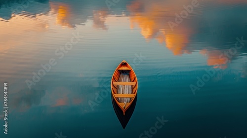 a scene of floting boat on a very peaceful lake , coloful image, sirreal, top view, boat has pointy edge shape, minimalist photo