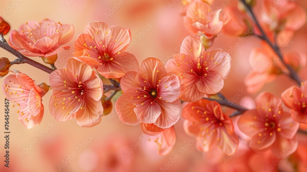 a tree branch with pink blossoms in front, set against a softly blurred background a tree branch with pink blossoms in front, set against a softly blurred background
