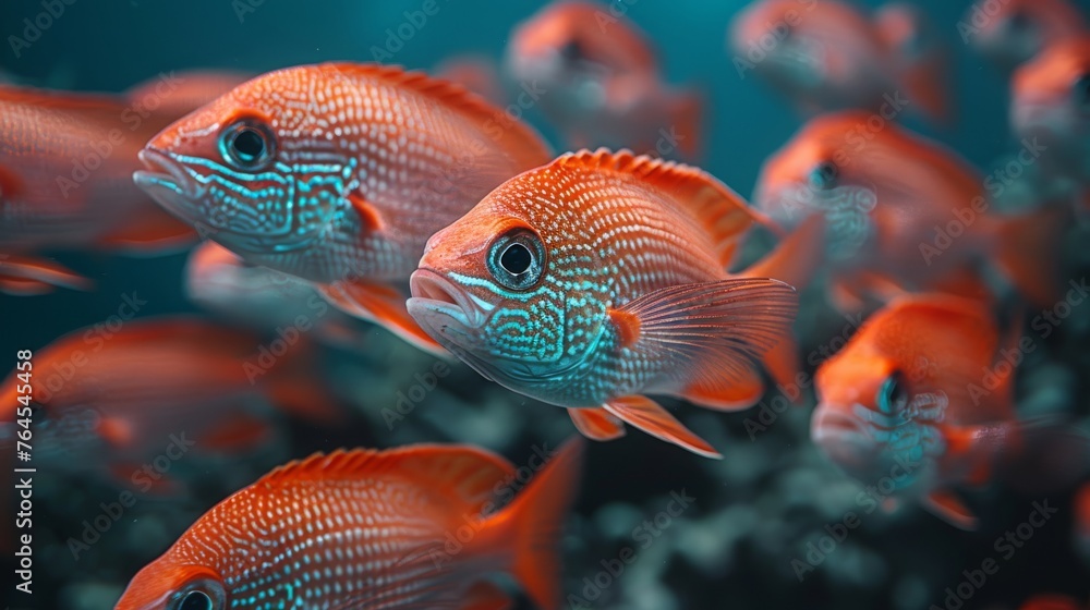 Fototapeta premium A school of orange fish gracefully moving through a vivid blue ocean, surrounded by lush coral reefs