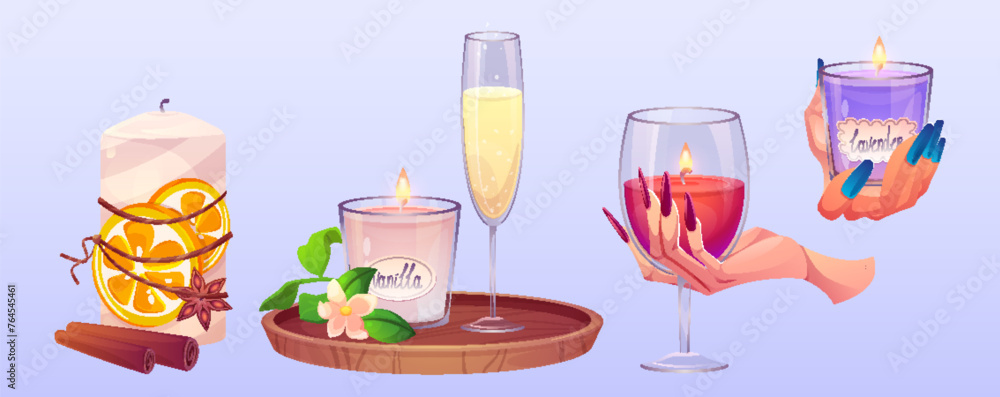 Scented candle for spa aroma therapy. Cartoon vector illustration set of aromatic wax candlelight in glass holder and in women hands, lavender and vanilla flavor, with cinnamon and orange decorations. - obrazy, fototapety, plakaty 