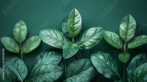   a green plant with its leaves on the stem and water droplets on the leaves, in focus