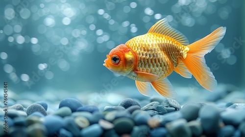  A closeup of a goldenfish in an aquarium  surrounded by pebbles in the foreground and water in the backdrop